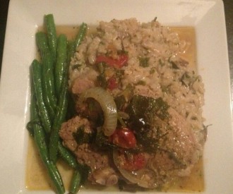 Basil Wrapped Sauteed Pork Chops with Creamy Mushroom Rice and Garlic Butter String Beans